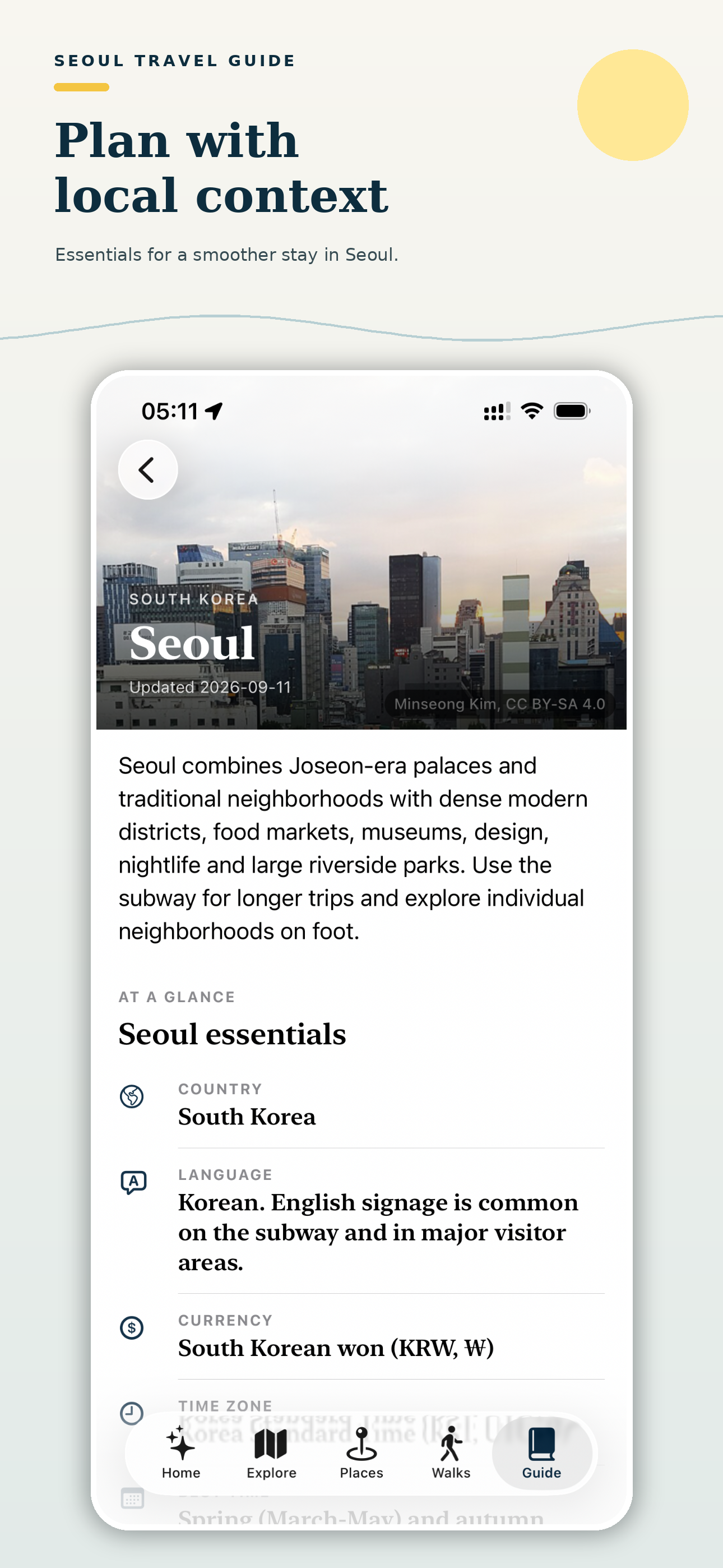 Travel Guide Seoul walking route with ordered stops